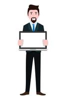 Businessman character wearing business outfit standing with laptop blank screen vector