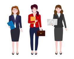 Businesswoman characters wearing business outfit standing with laptops bag file isolated with cheerful expression vector