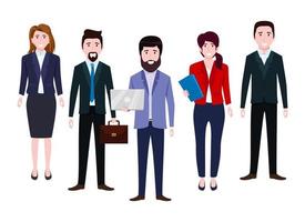 Equipo de personajes de empresario y empresaria vistiendo traje de negocios de pie con archivo de bolsa de portátiles con expresión alegre vector