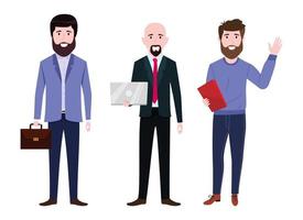 Equipo de personajes de empresario vistiendo traje de negocios de pie con archivo de bolsa de portátiles vector