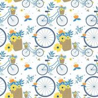 Bicicleta o bicicleta con flores y balde de patrones sin fisuras dibujados a mano vector