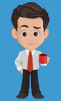 Funny businessman cartoon character having a coffee break vector