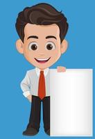 Funny businessman cartoon character holding blank banner vector