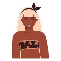 Girl in a swimsuit on vacation Woman with dark skin in beachwear Adorable smiling young African American woman with pink flowing hair vector
