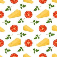 Seamless pattern with cheese tomatoes and parsley Cute print for pizza menus cafes and restaurants Delicious organic farm products vector