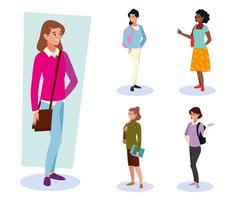 set of university students female classmates standing with bags vector