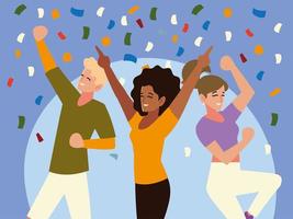 happy group friends celebrating party confetti decoration vector