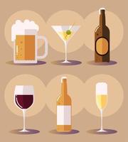 set icons with beer martini beer bottle wine glass drinks vector
