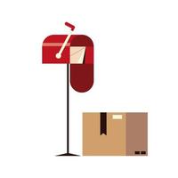 Buzón de correo con sobre y caja de cartón. vector