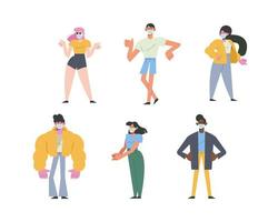 group of six young people wearing medical masks characters vector