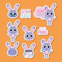 bundle of cute bunny stickers on a orange background vector illustration design