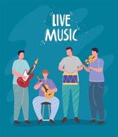 Grupo tocando instrumentos y letras de música en vivo, diseño de ilustraciones vectoriales vector