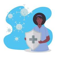 black woman lifting shield with covid19 particles immune system vector illustration design
