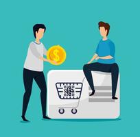 code qr in shoping cart with businessmen and icons vector