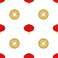 Flat red hanging Chinese lantern with golden coin seamless pattern background for Chinese New Year celebration. Vector Illustration EPS10