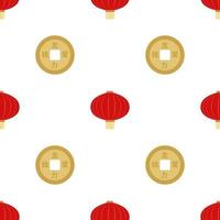 Flat red hanging Chinese lantern with golden coin seamless pattern background for Chinese New Year celebration. Vector Illustration EPS10