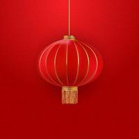 Realistic 3D red hanging Chinese lantern on red background. Design element for Chinese New Year celebration EPS10 vector