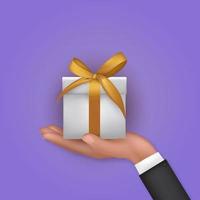 Realistic 3D Hand Holding Gift Box with Bow and Ribbon. Vector Illustration EPS10