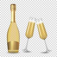 Realistic 3D champagne Golden Bottle and Glass Icon isolated on white background. Vector Illustration EPS10