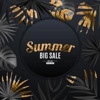 Natural Realistic Black and Gold Palm Leaf Tropical Background. Summer Sale Concept. Vector illustration EPS10