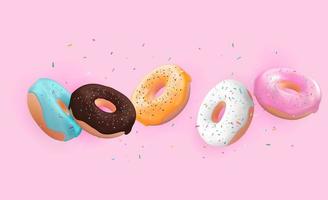 Realistic 3d sweet tasty donut background. Can be used for dessert menu, poster, card. Vector illustration EPS10