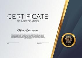 Blue and gold Certificate of achievement template Background with gold badge and border. Award diploma design blank. Vector Illustration EPS10