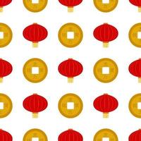Flat red hanging Chinese lantern with golden coin seamless pattern background for Chinese New Year celebration. Vector Illustration EPS10