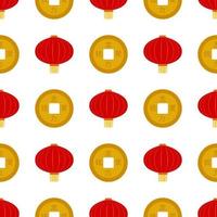 Flat red hanging Chinese lantern with golden coin seamless pattern background for Chinese New Year celebration. Vector Illustration EPS10