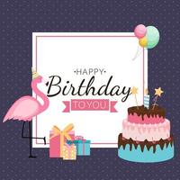 Cute Happy Birthday Background with PInk Flamingo, Cake and Candles. Design Element for Party Invitation, Congratulation. Vector Illustration EPS10