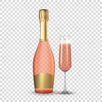 Realistic 3D champagne Rose Pink and Golden Bottle and Glass Icon isolated on white background. Vector Illustration EPS10