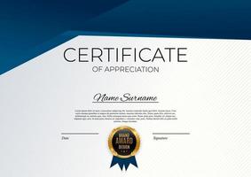 Blue and gold Certificate of achievement template Background with gold badge and border. Award diploma design blank. Vector Illustration EPS10