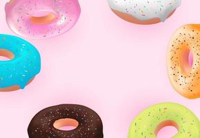 Realistic 3d sweet tasty donut background. Can be used for dessert menu, poster, card. Vector illustration EPS10