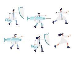 doctors staff wearing medical masks with vaccine set icons vector