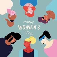 happy womens day lettering with group of six girls characters vector