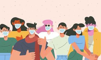 group of seven young people wearing medical masks characters vector