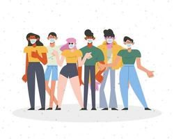 group of six persons wearing medical masks characters vector