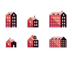 bundle of six buildings red minimal city set icons vector