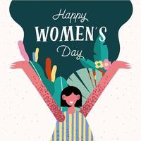 happy womens day lettering card with happy woman and flowers vector