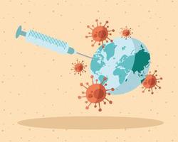 Jeringa de inyección de vacuna con esporas en el planeta tierra vector