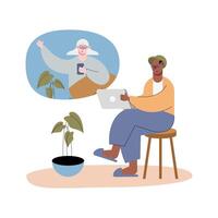 interracial old couple using technology in video calling characters vector