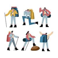 Dibujos animados de personas excursionistas con bolsas y palos conjunto de iconos de diseño vectorial vector