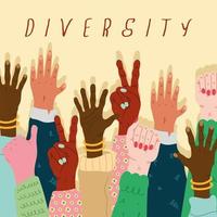 group of diversity hands humans up and lettering vector