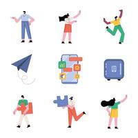 group of people teamwork six workers characters and set icons vector