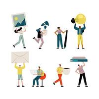 young people lifting objects characters vector