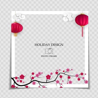 Holiday Background Photo Frame Template. Sarura, plum flower background for post in Social Network. Vector Illustration EPS10