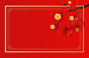 Abstract Chinese Holiday Background with hanging lanterns and plum flowers. Vector Illustration EPS10