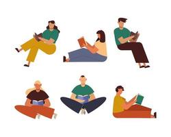 People reading a book icon set vector design