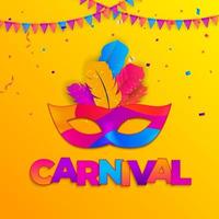 Carnaval Background.Traditional mask with feathers and confetti for fesival, masquerade, parade.Template for design invitation,flyer, poste, banners. Vector Illustration EPS10