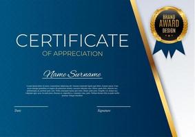 Blue and gold Certificate of achievement template Background with gold badge and border. Award diploma design blank. Vector Illustration EPS10