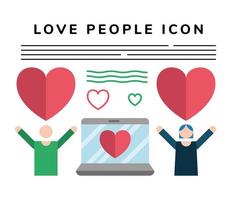 lovers couple lifting hearts with laptop characters vector